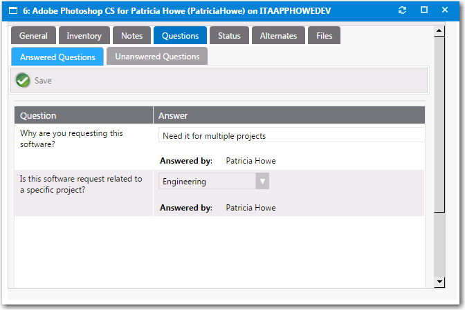 Request Details View / Questions Tab / Answered Questions Subtab